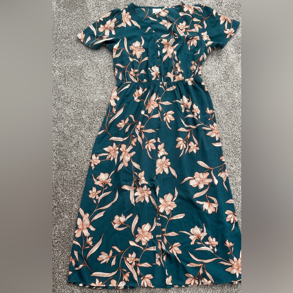 Ava & Viv Teal and Peach Floral Midi Dress